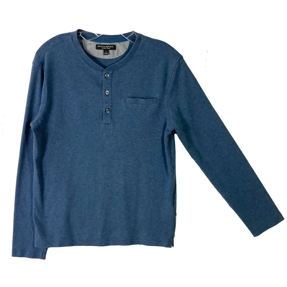 BANANA REPUBLIC TShirt Men S Long Sleeve 3 Button Henley Pocket Crewneck